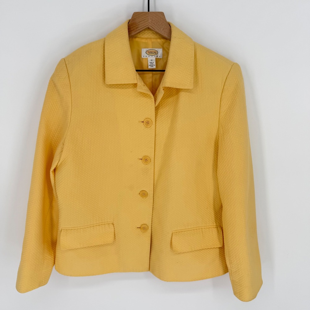 Talbots Petites Yellow Textured Cotton Blazer Jacket 14P Waffle Weave Spring